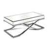 Gavin 48 Inch Coffee Table, Mirrored Panels, Curved Crossed Frame, Chrome