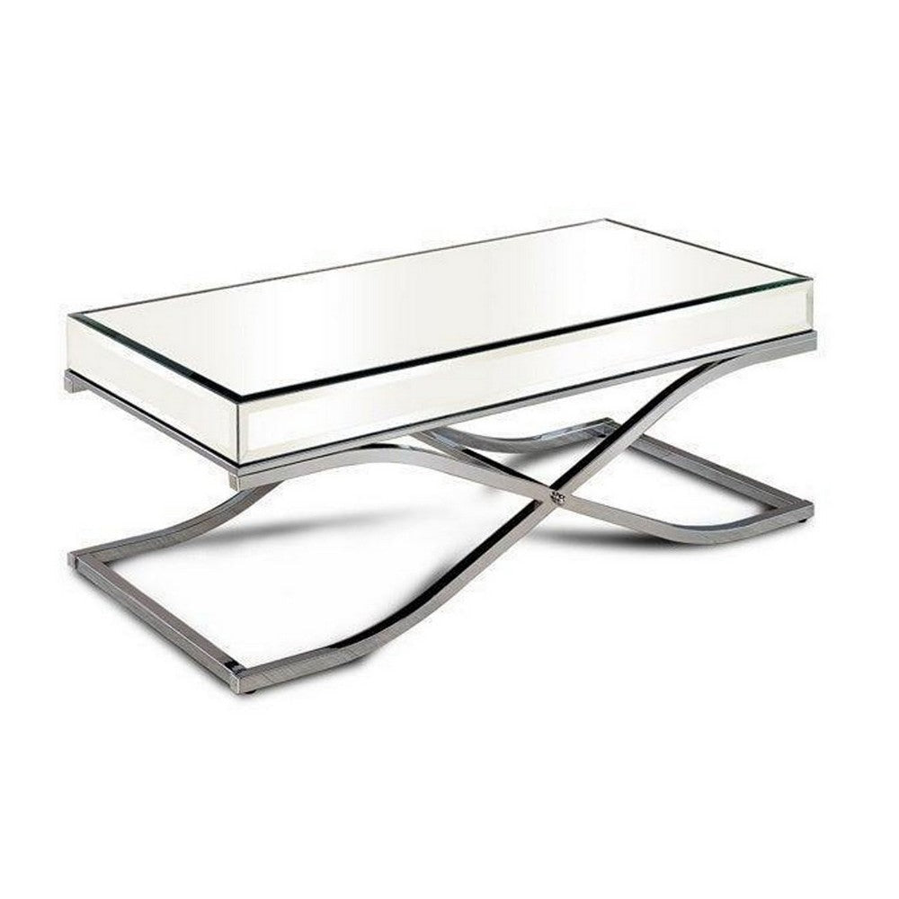 Gavin 48 Inch Coffee Table, Mirrored Panels, Curved Crossed Frame, Chrome