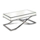 Gavin 48 Inch Coffee Table, Mirrored Panels, Curved Crossed Frame, Chrome