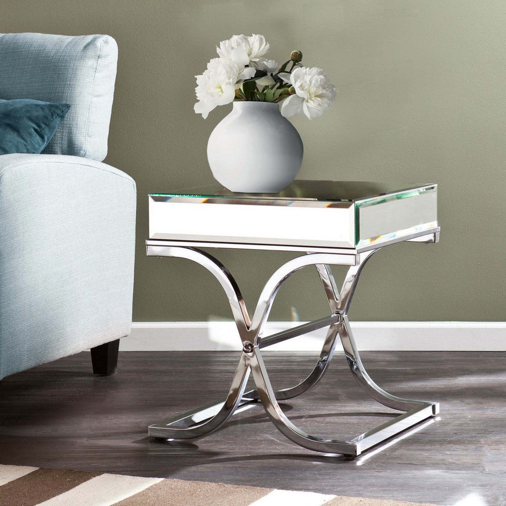 Gavin 24 Inch Side End Table, Mirrored Panels, Curved Crossed Base, Chrome