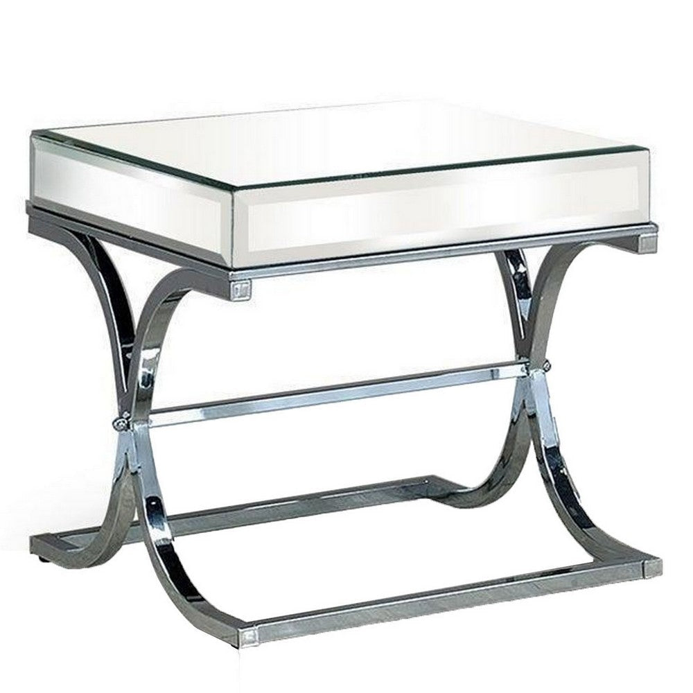 Gavin 24 Inch Side End Table, Mirrored Panels, Curved Crossed Base, Chrome 