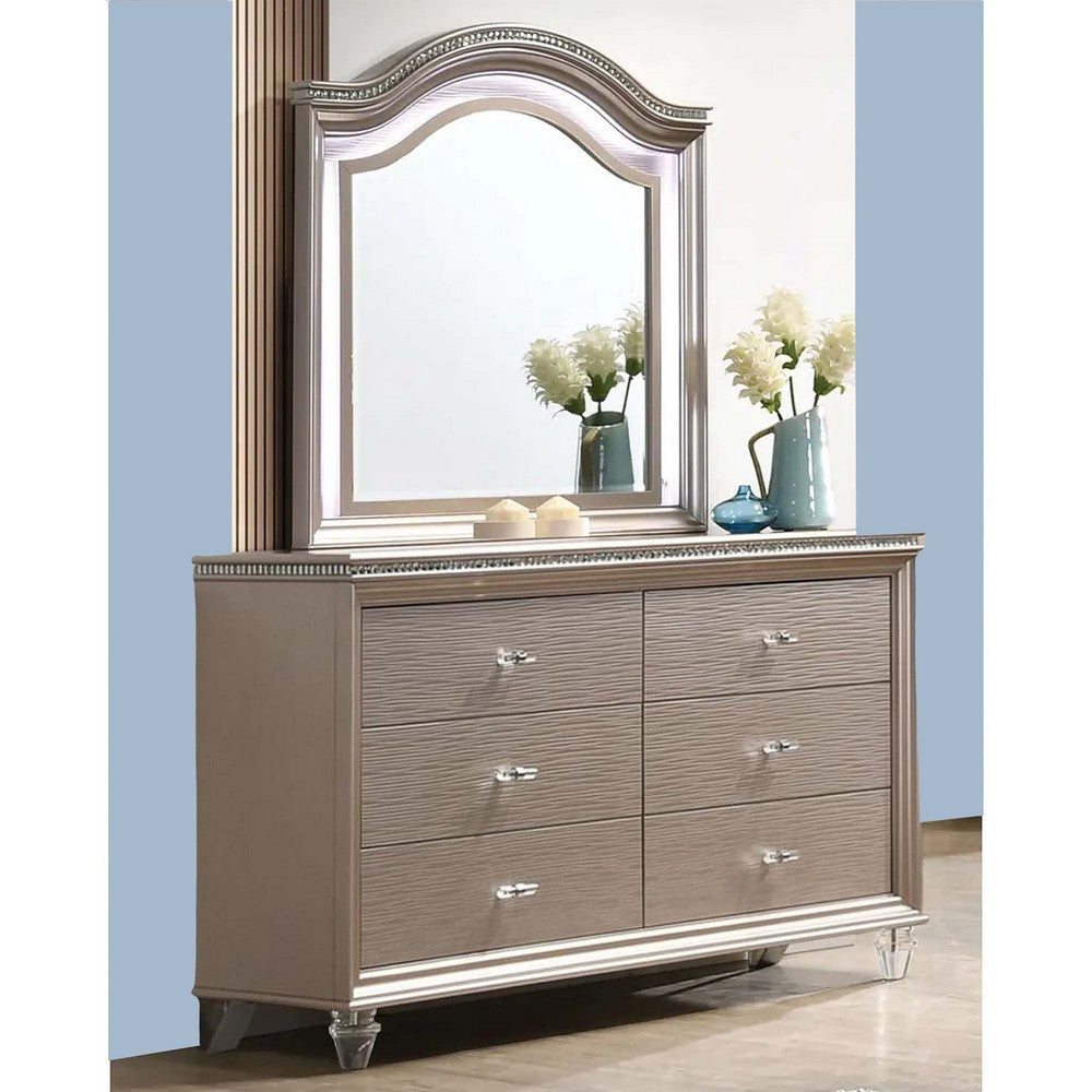 Jisoo 55 Inch Wide Dresser Chest, Textured Drawers, Crystal Accents, Gold