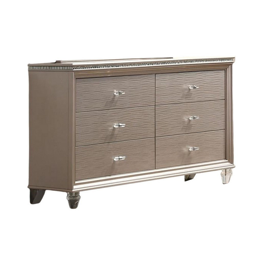 Jisoo 55 Inch Wide Dresser Chest, Textured Drawers, Crystal Accents, Gold