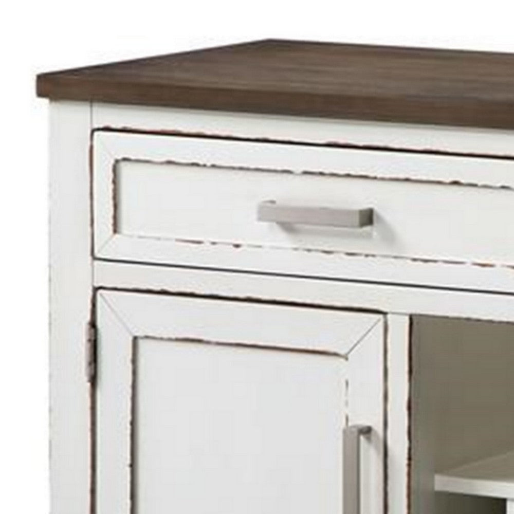 Ben 54 Inch Buffet Server Brown Top 2 Drawers Wine Rack Weathered White BM300600