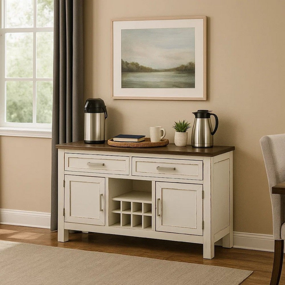 Ben 54 Inch Buffet Server, Brown Top, 2 Drawers, Wine Rack, Weathered White