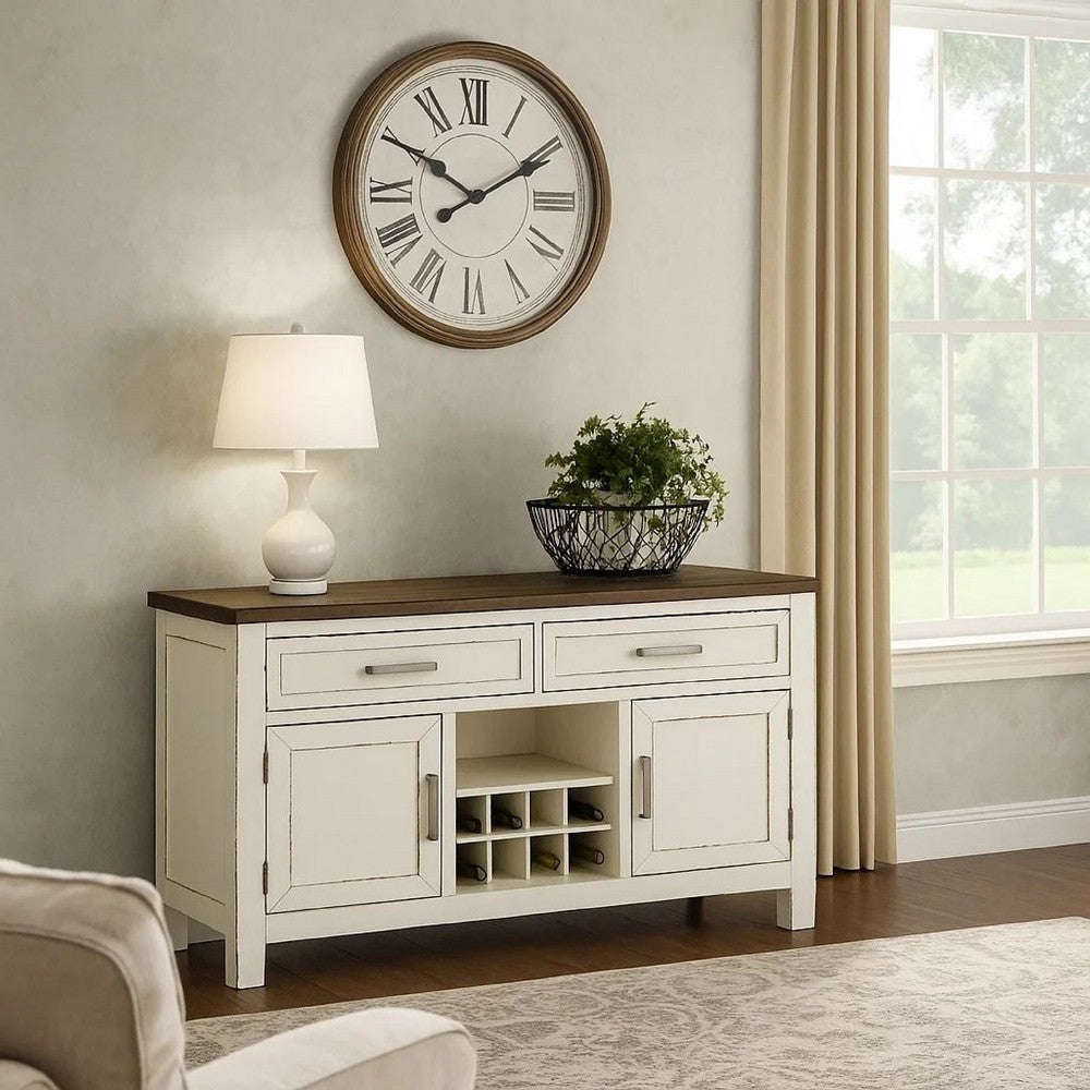 Ben 54 Inch Buffet Server, Brown Top, 2 Drawers, Wine Rack, Weathered White