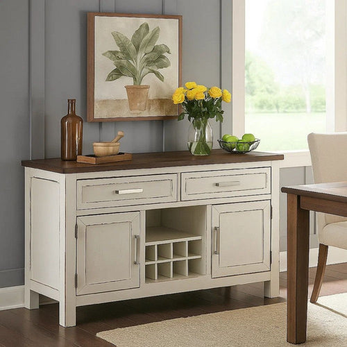 Ben 54 Inch Buffet Server, Brown Top, 2 Drawers, Wine Rack, Weathered White