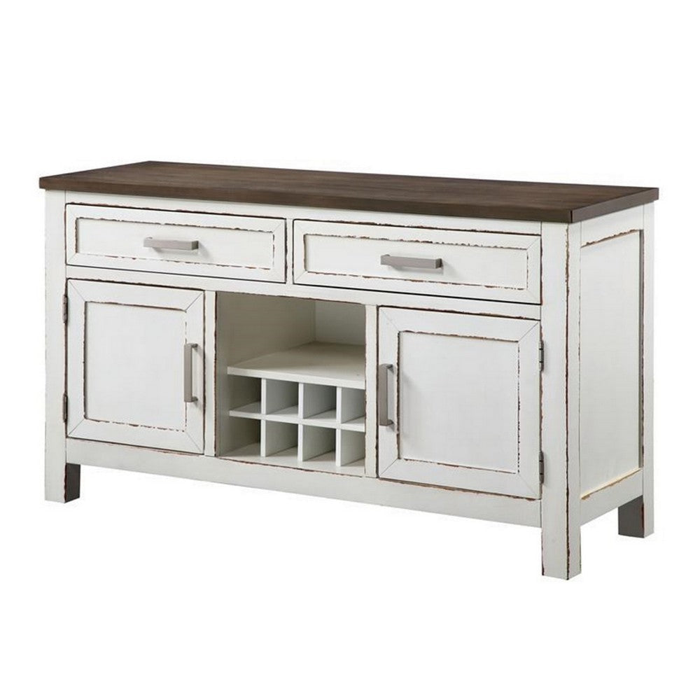 Ben 54 Inch Buffet Server, Brown Top, 2 Drawers, Wine Rack, Weathered White
