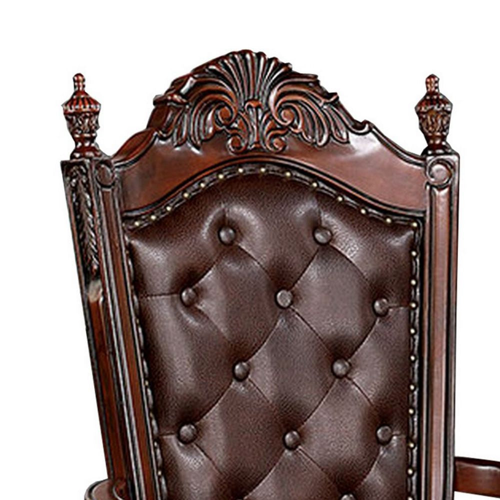Iga 29 Inch Tufted Dining Armchair Set of 2 Brown Faux Leather Nailhead BM300602