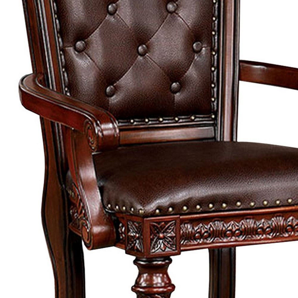 Iga 29 Inch Tufted Dining Armchair Set of 2 Brown Faux Leather Nailhead BM300602