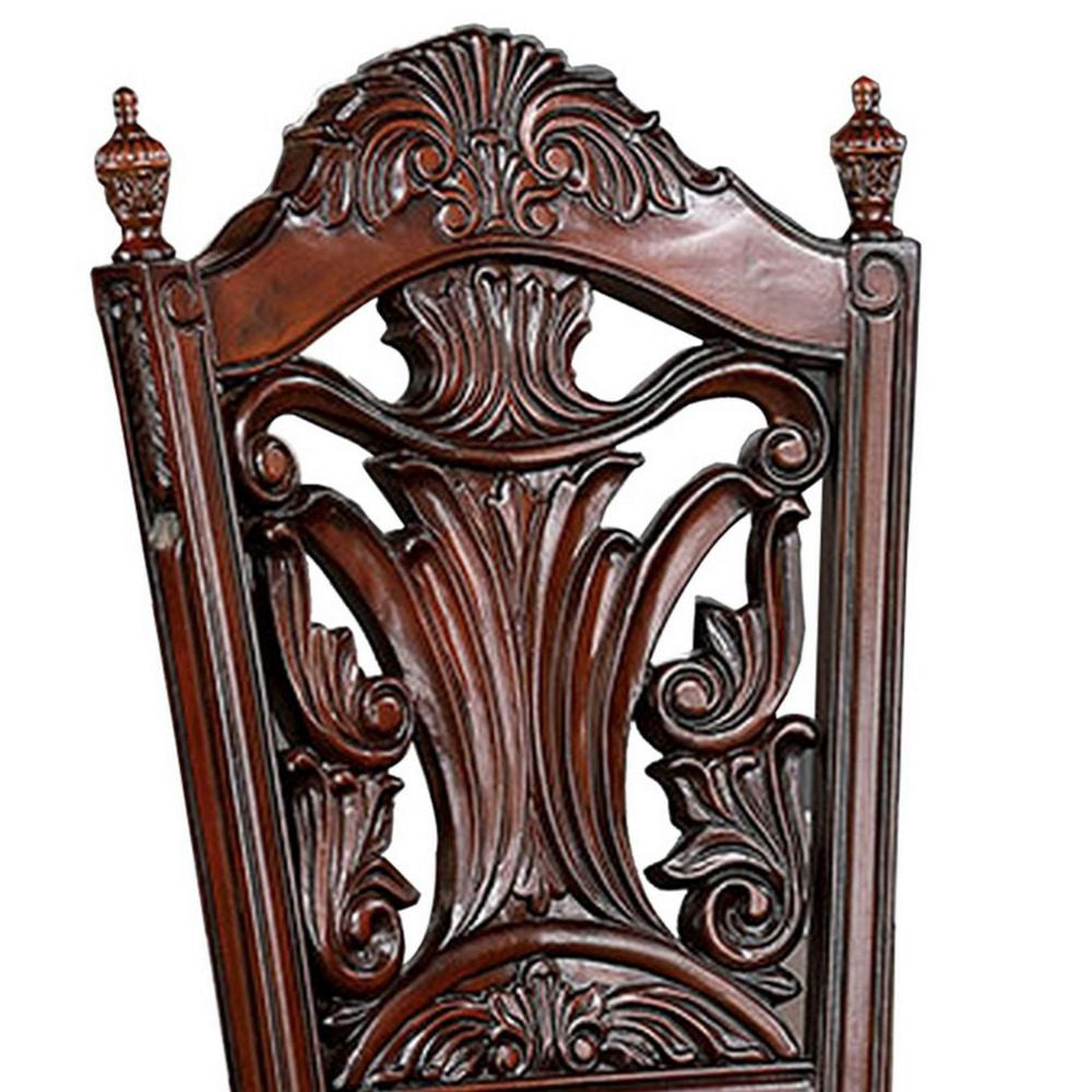 Iga 22 Inch Carved Dining Chair Set of 2 Faux Leather Seat Nailhead Trim BM300603