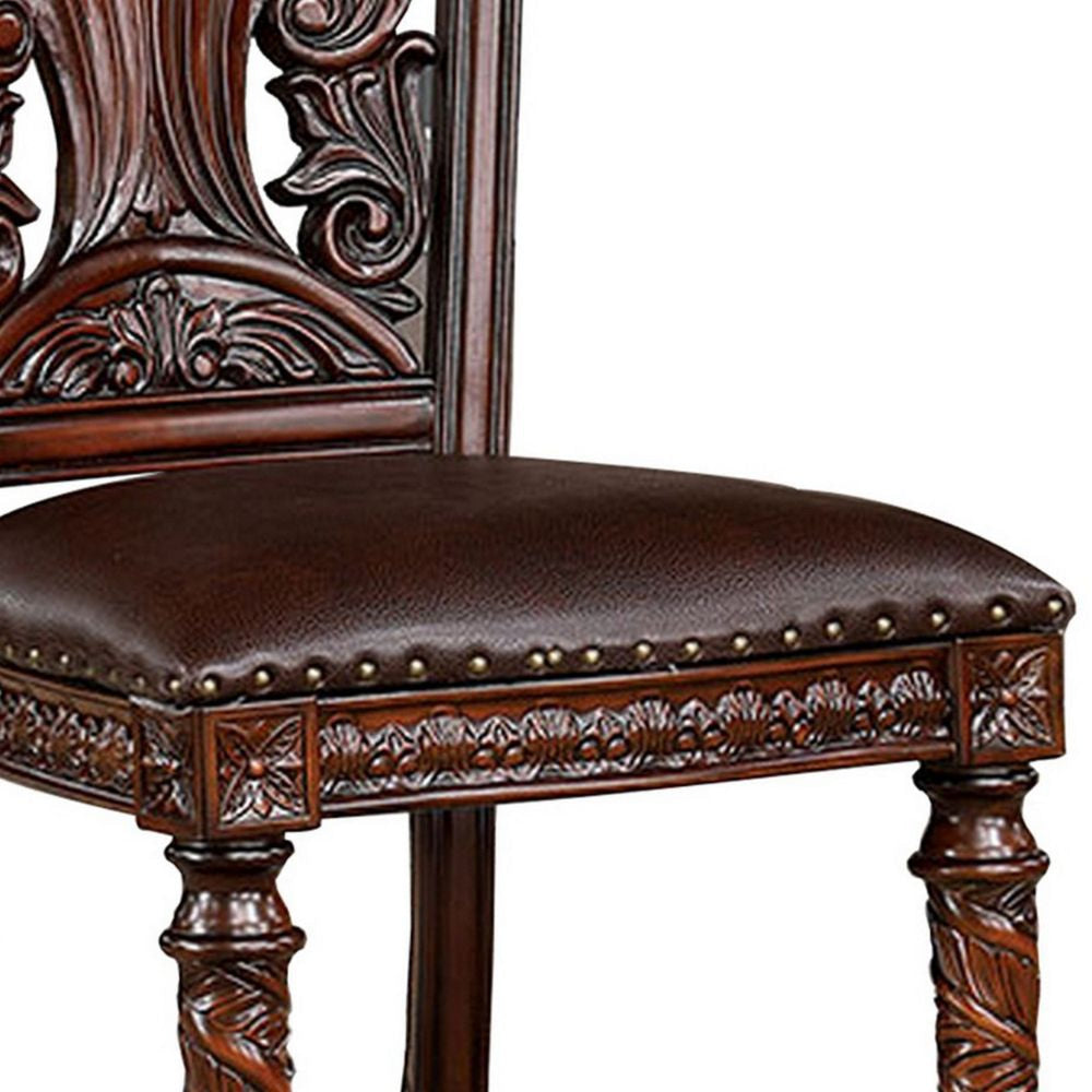 Iga 22 Inch Carved Dining Chair Set of 2 Faux Leather Seat Nailhead Trim BM300603