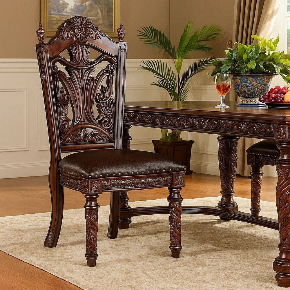 Iga 22 Inch Carved Dining Chair, Set of 2, Faux Leather Seat, Nailhead Trim