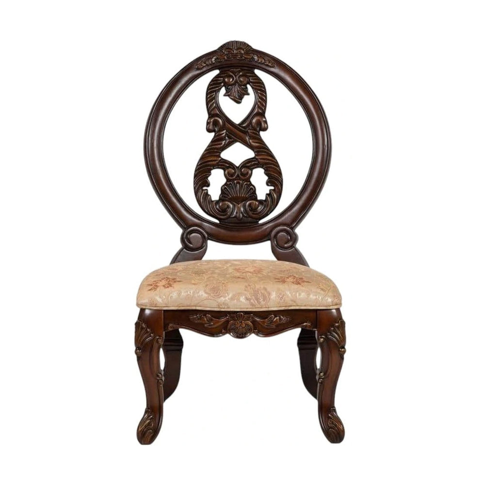 23 Inch Carved Dining Chair Set of 2 Cabriole Legs Tan Fabric Seating BM300604