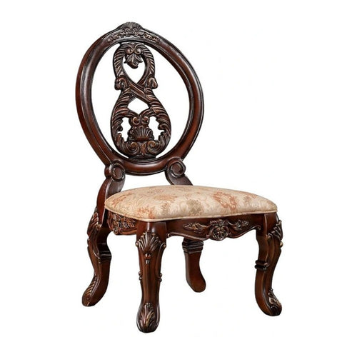 23 Inch Carved Dining Chair, Set of 2, Cabriole Legs, Tan Fabric Seating