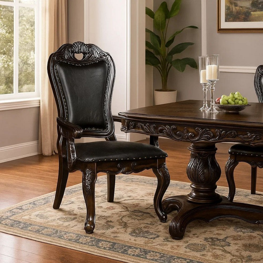 Ons 29 Inch Carved Dining Armchair, Set of 2, Brown Faux Leather