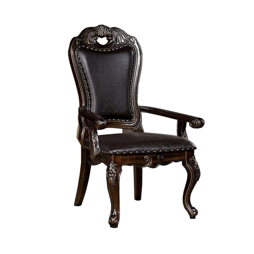 Ons 29 Inch Carved Dining Armchair, Set of 2, Brown Faux Leather