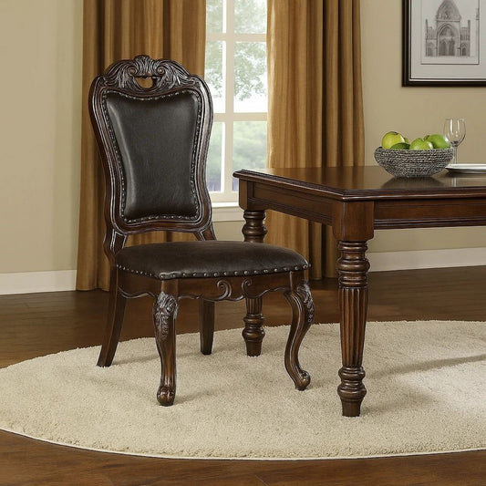 Ons 23 Inch Carved Dining Chair, Set of 2, Nailhead Trim Brown Faux Leather