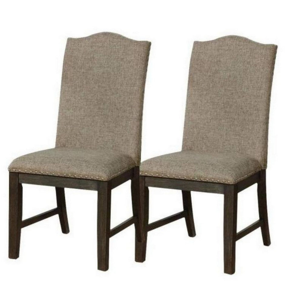 20 Inch Dining Chair, Set of 2, Gray Fabric, Espresso Wood, Nailhead Trim