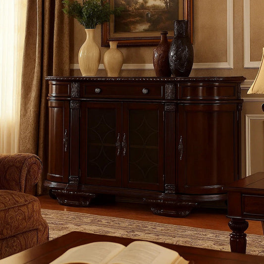 66 Inch Traditional Buffet Server, Glass Cabinet, Side Cabinets, Brown By Casagear Home