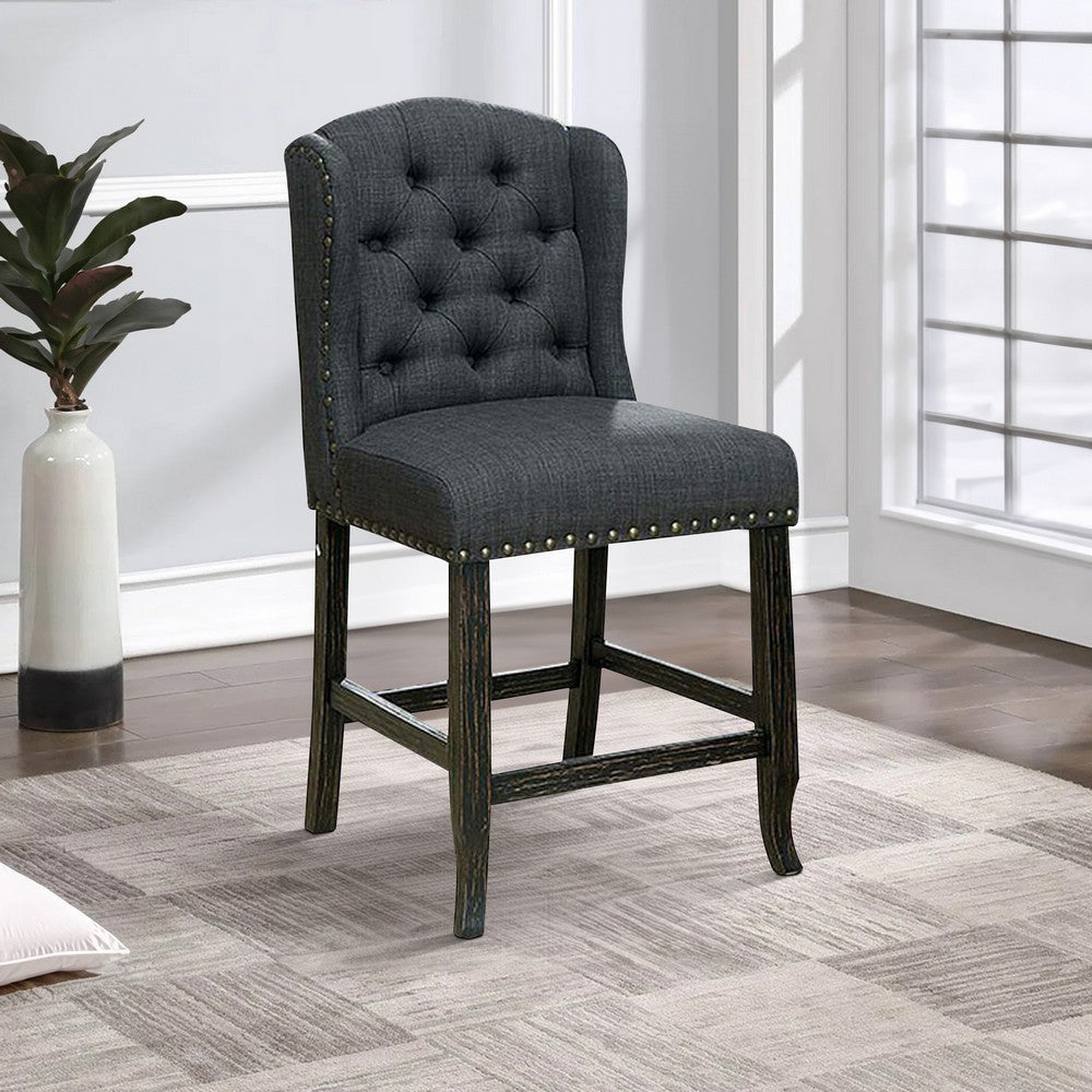 Bega 24 Inch Counter Height Chair, Set of 2, Wingback, Tufted, Smooth Gray