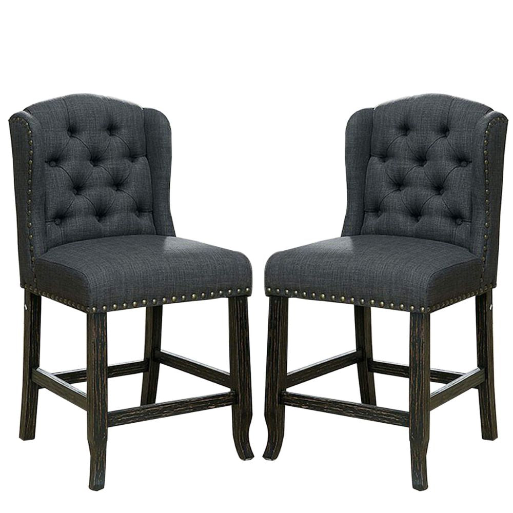Bega 24 Inch Counter Height Chair, Set of 2, Wingback, Tufted, Smooth Gray