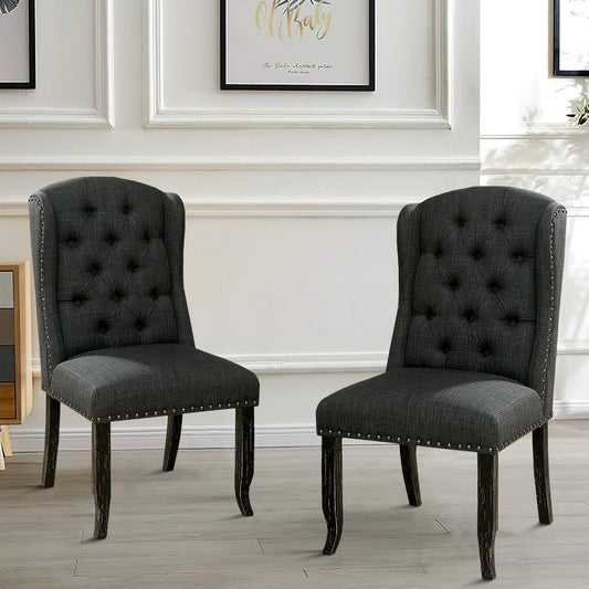 Bega 23 Inch Dining Chair, Set of 2, Wingback, Button Tufted, Black, Gray