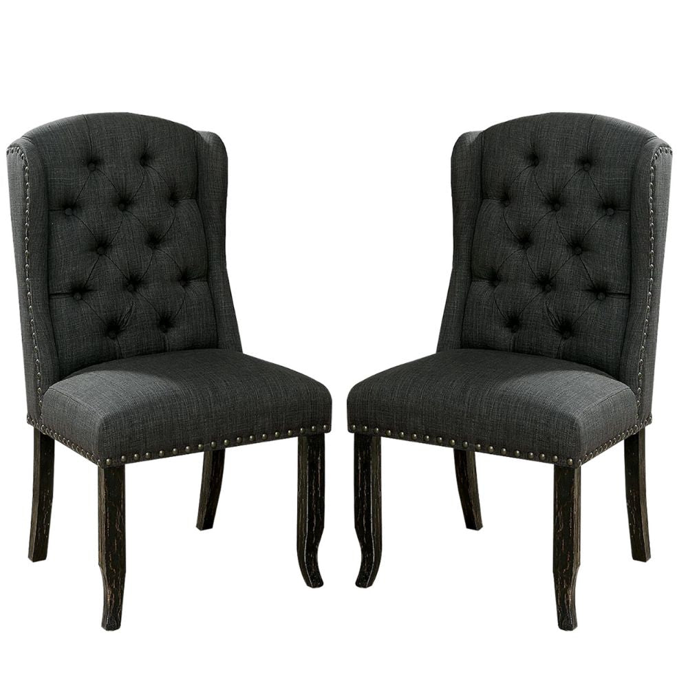 Bega 23 Inch Dining Chair, Set of 2, Wingback, Button Tufted, Black, Gray