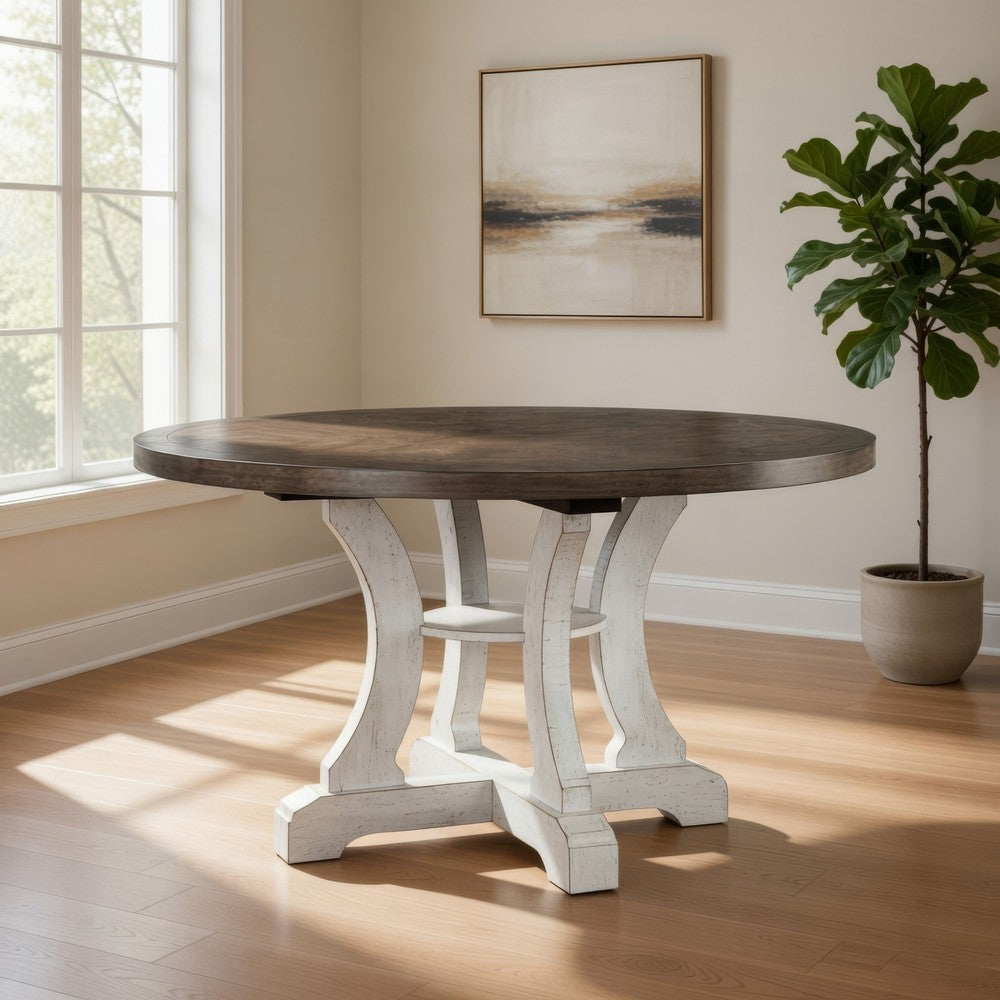 Bara 54 Inch Round Dining Table, Distressed White Base, Curved Legs, Brown By Casagear Home