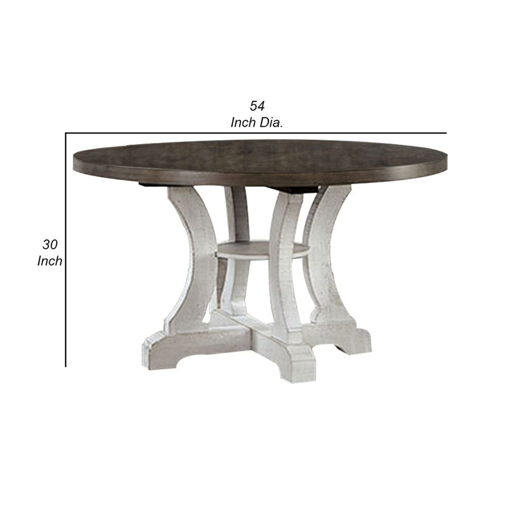 Bara 54 Inch Round Dining Table Distressed White Base Curved Legs Brown By Casagear Home BM300626