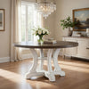 Bara 54 Inch Round Dining Table, Distressed White Base, Curved Legs, Brown By Casagear Home