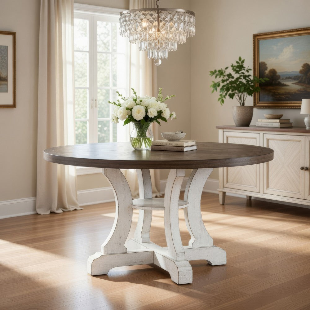 Bara 54 Inch Round Dining Table, Distressed White Base, Curved Legs, Brown By Casagear Home
