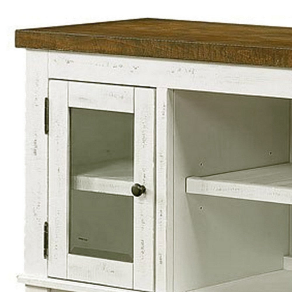 Bora 60 Inch Wood Server 2 Glass Door Cabinets Distressed White Gray BM300627