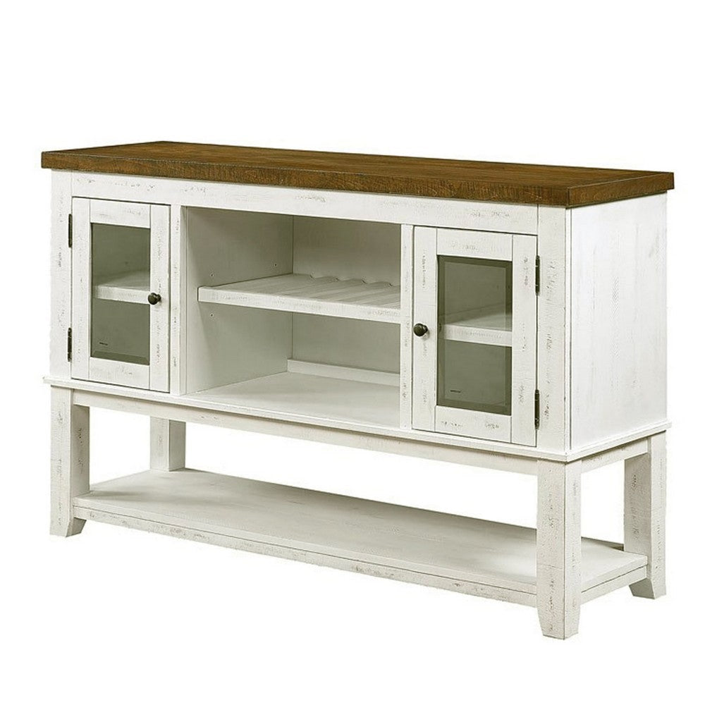 Bora 60 Inch Wood Server, 2 Glass Door Cabinets, Distressed White, Gray
