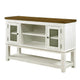 Bora 60 Inch Wood Server, 2 Glass Door Cabinets, Distressed White, Gray