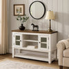 Bora 60 Inch Wood Server, 2 Glass Door Cabinets, Distressed White, Gray