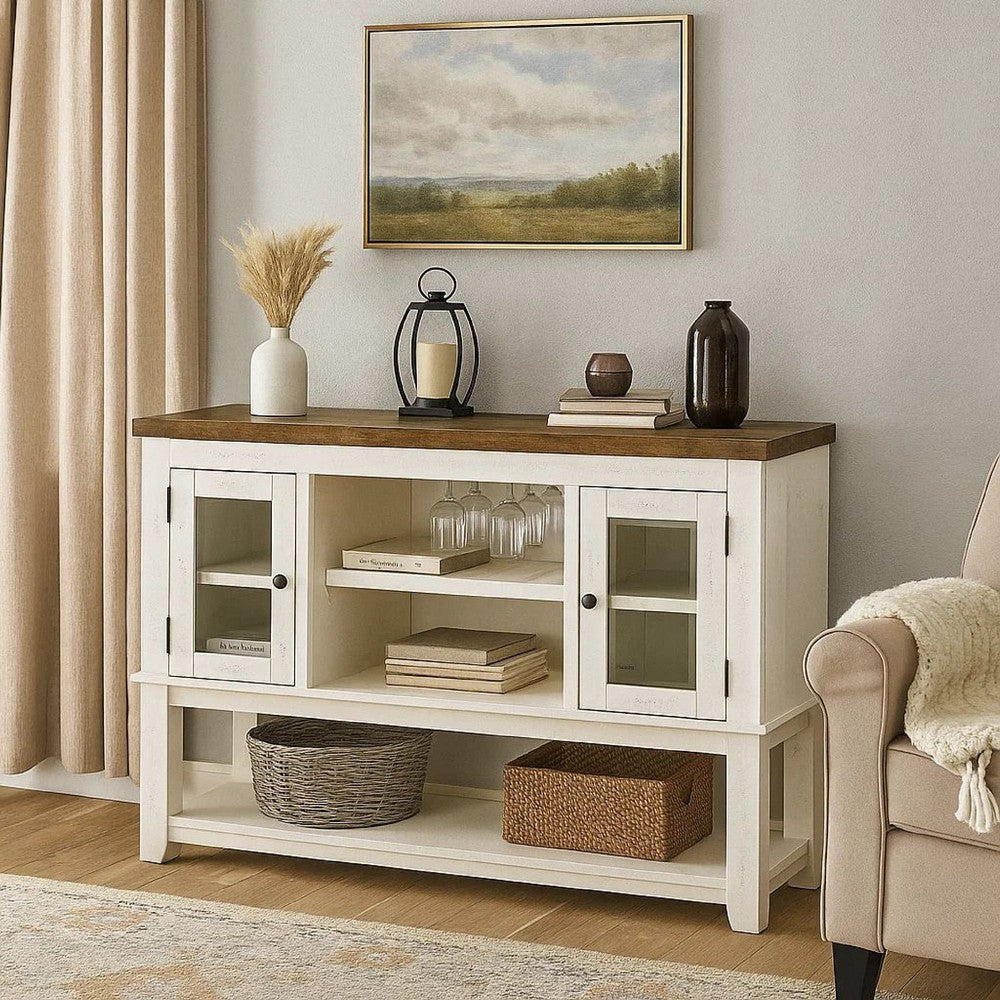 Bora 60 Inch Wood Server, 2 Glass Door Cabinets, Distressed White, Gray