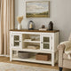 Bora 60 Inch Wood Server, 2 Glass Door Cabinets, Distressed White, Gray