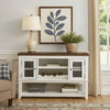 Bora 60 Inch Wood Server, 2 Glass Door Cabinets, Distressed White, Gray