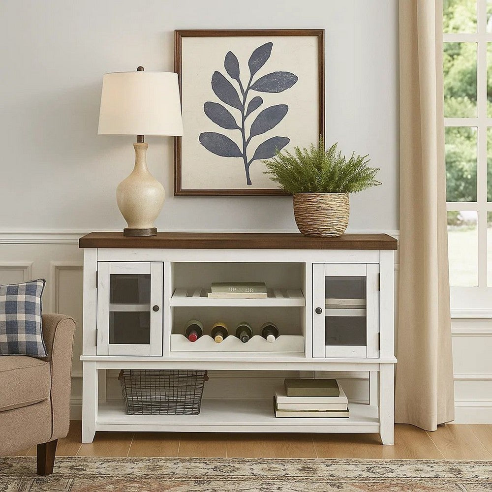 Bora 60 Inch Wood Server, 2 Glass Door Cabinets, Distressed White, Gray