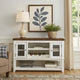Bora 60 Inch Wood Server, 2 Glass Door Cabinets, Distressed White, Gray