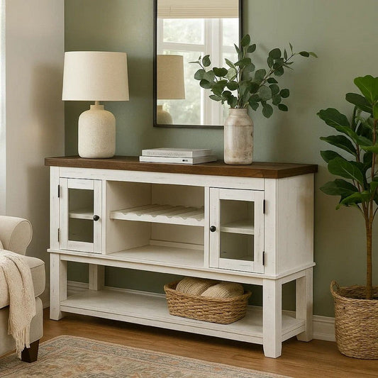 Bora 60 Inch Wood Server, 2 Glass Door Cabinets, Distressed White, Gray