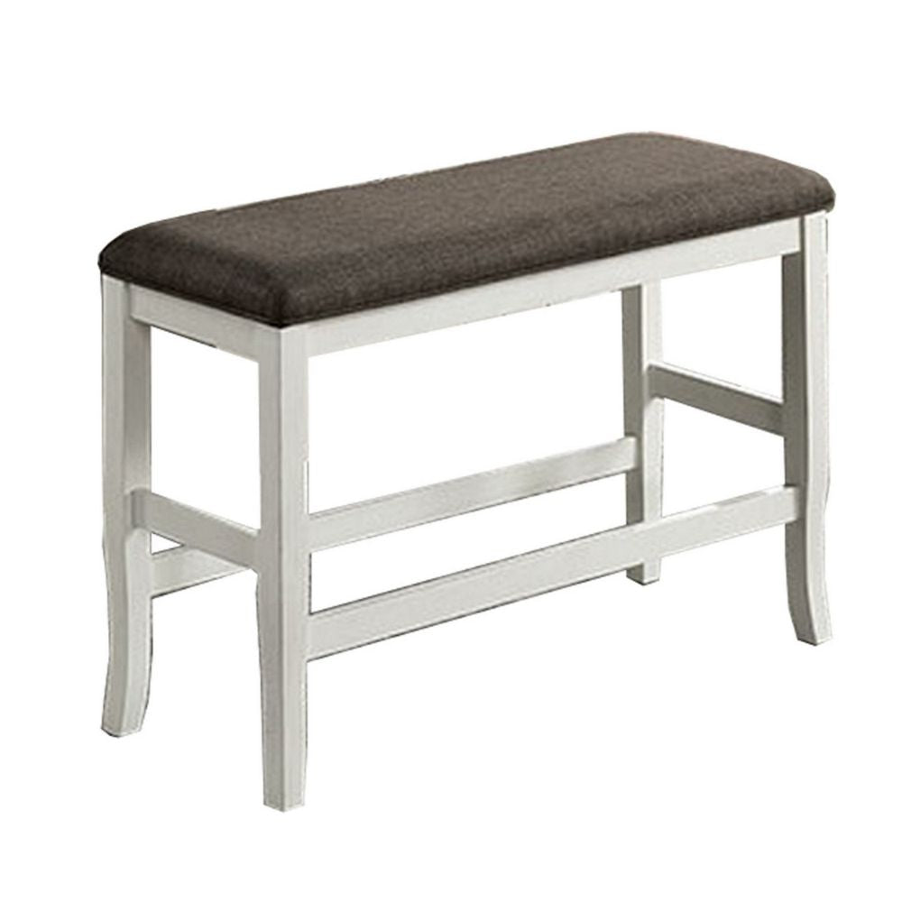 Rune 41 Inch Counter Height Bench, Off White Wood Base, Gray Padded Seat