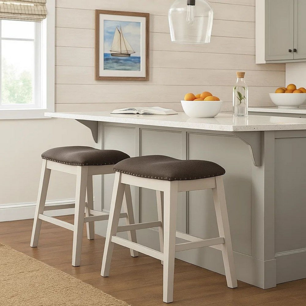 Rune 25 Inch Counter Height Wood Stool, Set of 2, Off White, Gray Seating