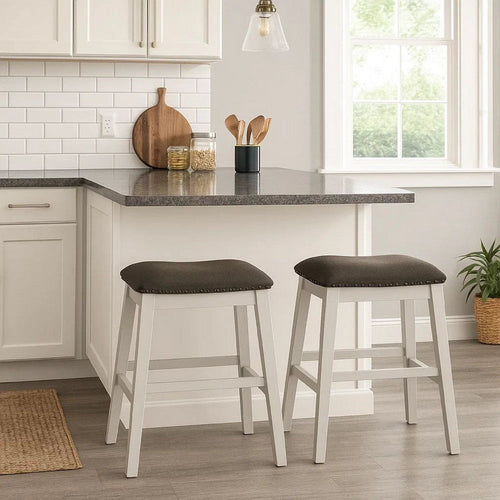 Rune 25 Inch Counter Height Wood Stool, Set of 2, Off White, Gray Seating