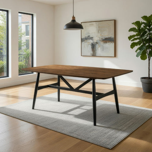 Riera 72 Inch Two Tone Dining Table, Brown Plank Top, Black Trestle Base