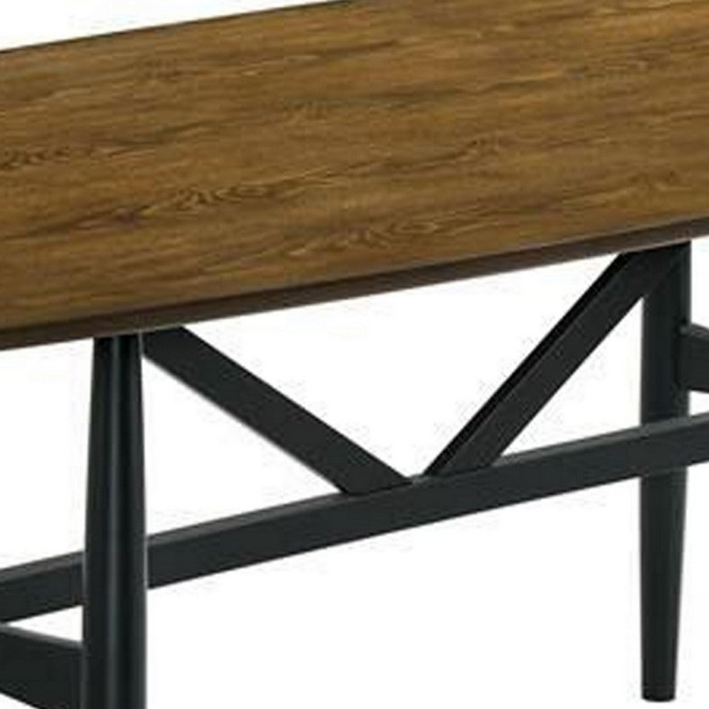 Riera 72 Inch Two Tone Dining Table, Brown Plank Top, Black Trestle Base