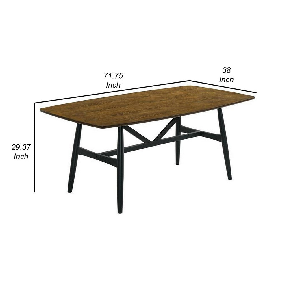 Riera 72 Inch Two Tone Dining Table, Brown Plank Top, Black Trestle Base