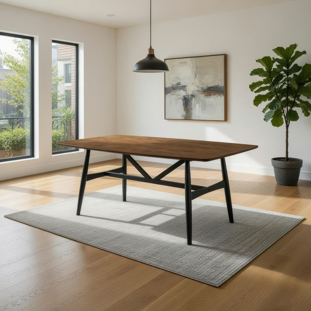 Riera 72 Inch Two Tone Dining Table, Brown Plank Top, Black Trestle Base