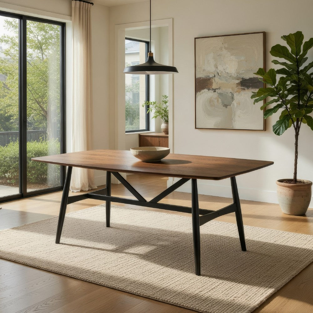 Riera 72 Inch Two Tone Dining Table, Brown Plank Top, Black Trestle Base